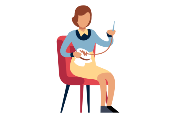 Woman Doing Embroidery. Sitting Girl Sew